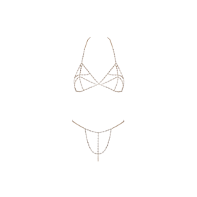 Soutien-gorge et string bijoux en chaînettes dorées et strass irisés 